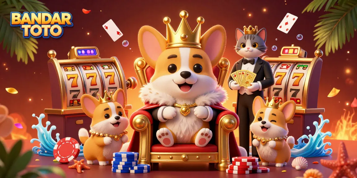 BANDAR TOTO showcases vibrant slot reels near a royal corgi on a poker chip throne, inviting players to win.