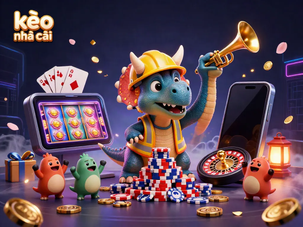 Experience kèo nhà cái excitement with colorful sports betting characters celebrating over poker chips.