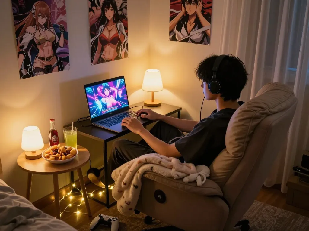 Engaged player enjoying a hentai game in a cozy bedroom setup.