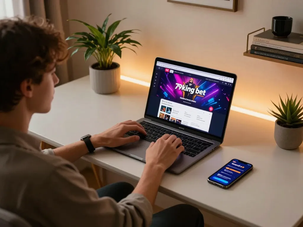 Engaging in 79king bet gameplay on a stylish laptop at home, showcasing an immersive online gaming atmosphere.