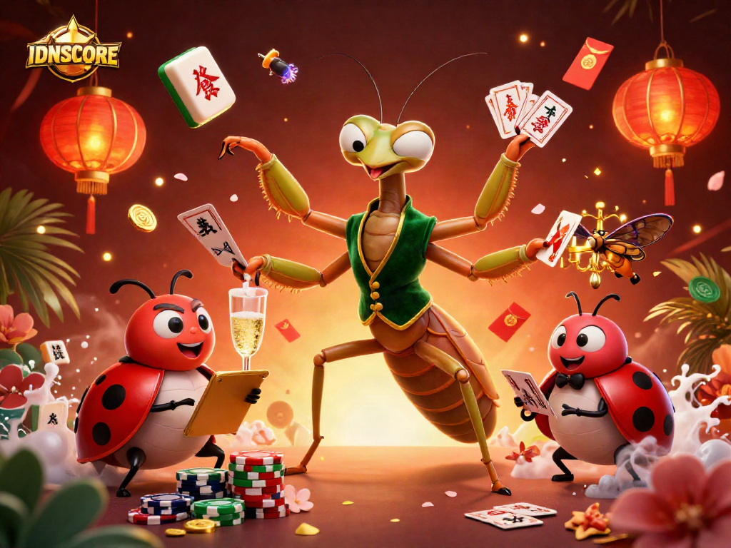 IDNSCORE showcases a vibrant casino scene with a cartoon mantis dealing cards and a ladybug pit boss.