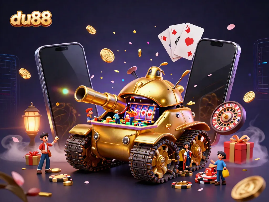 Engage in winning experiences at du88 with a vibrant 3D casino and golden elements overflowing with cash.