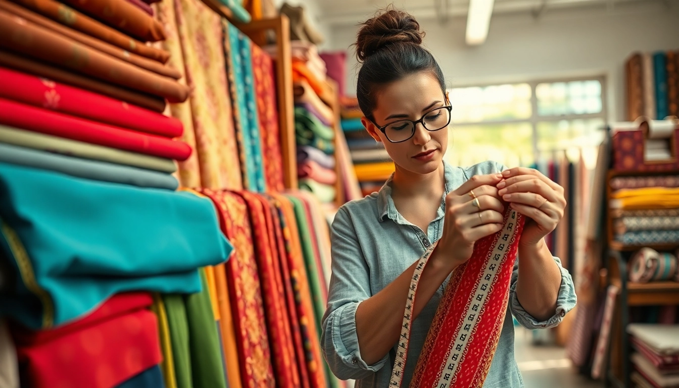 Stoffen webshop nederland biedt een gezellige stoffenwinkel met kleurrijke textielen en een vakvrouw in actie.
