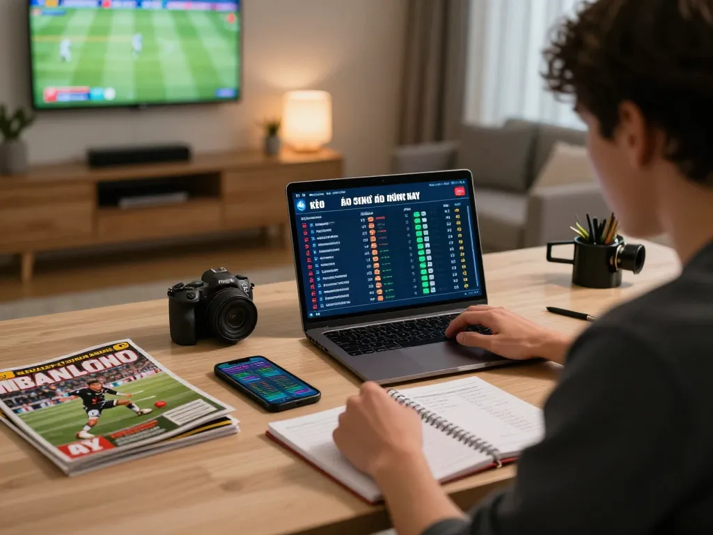 Engaged user analyzing Kèo nhà cái hôm nay odds on a laptop in a cozy home office.