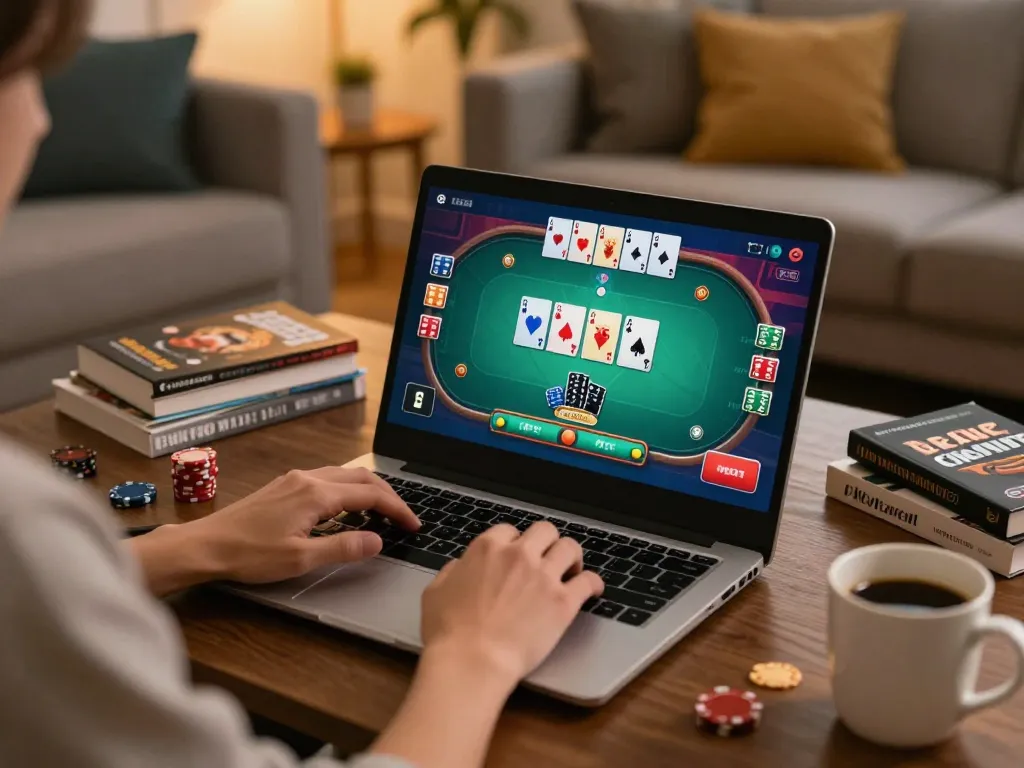 Engaging in online poker at home with the TG88 platform, showing cards and betting details on screen.