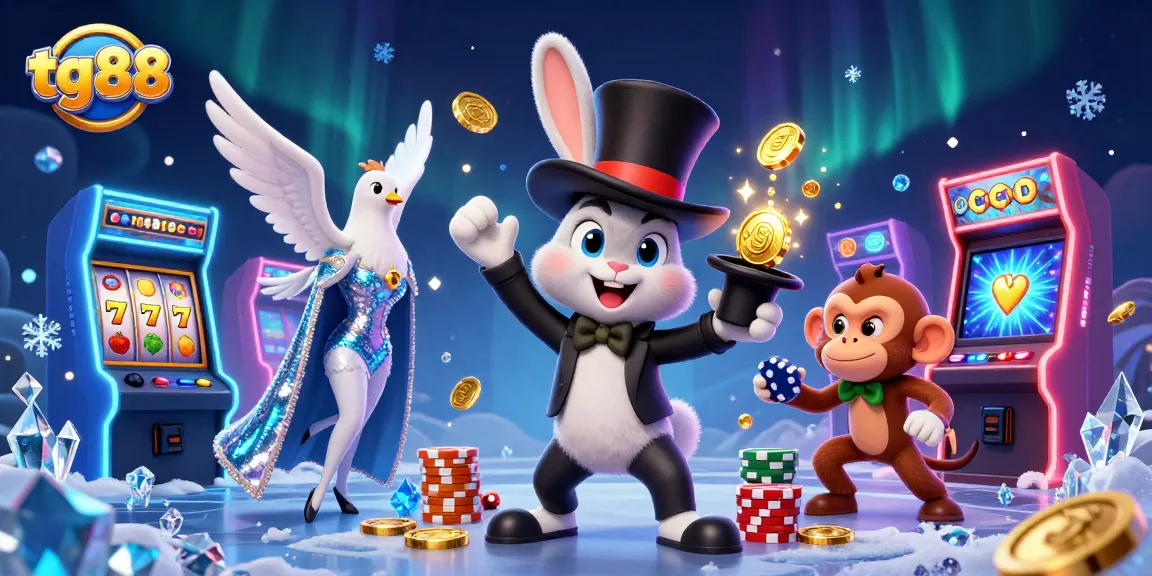 Engage with tg88's magical casino experience, as the rabbit pulls coins amidst vibrant slots and playful characters.