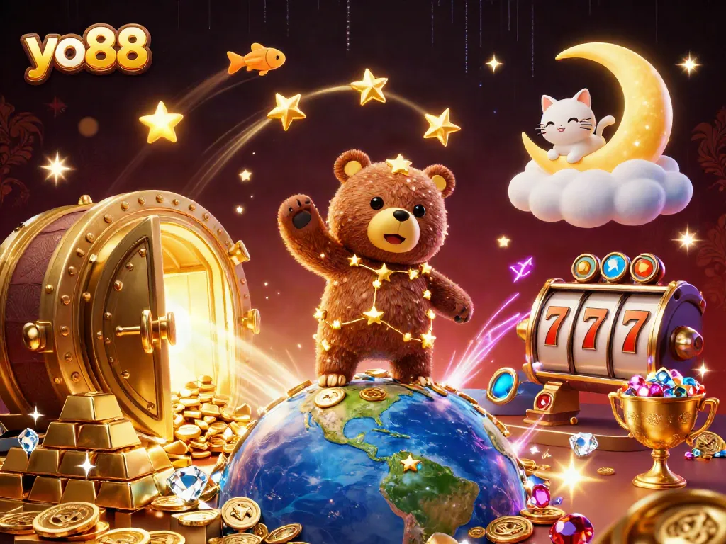 Win big with yo88 as a constellation bear scoops up coins against a dazzling casino backdrop.