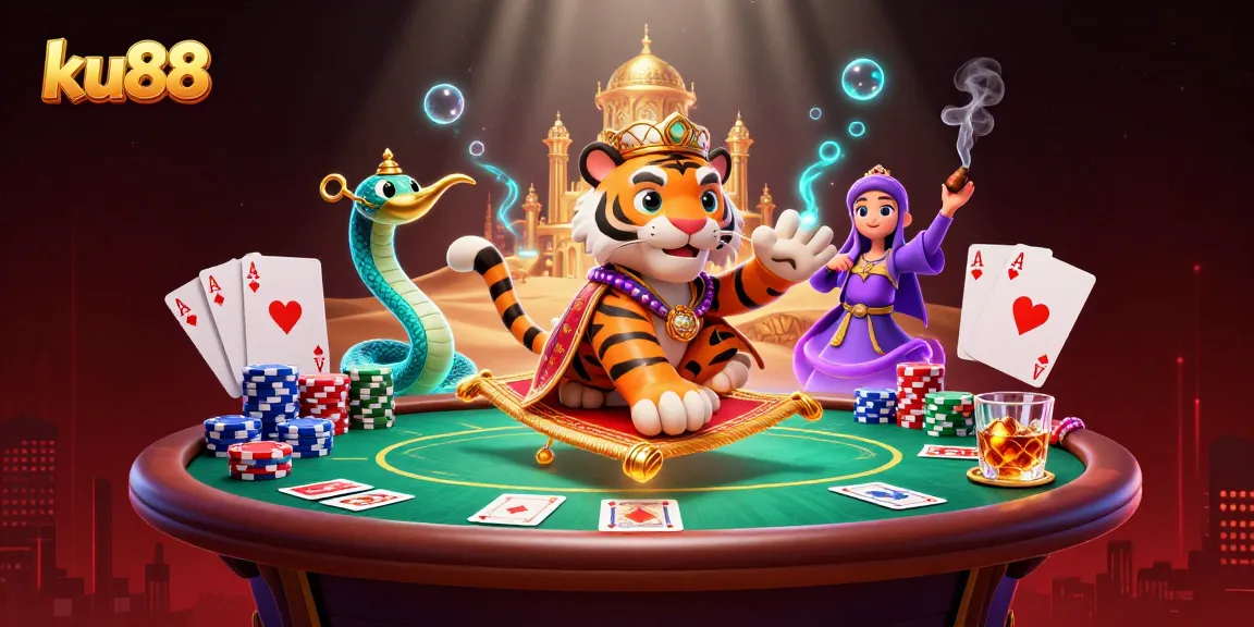 Engage in thrilling gaming at ku88, featuring a tiger sultan with a magical flying carpet in an opulent scene.