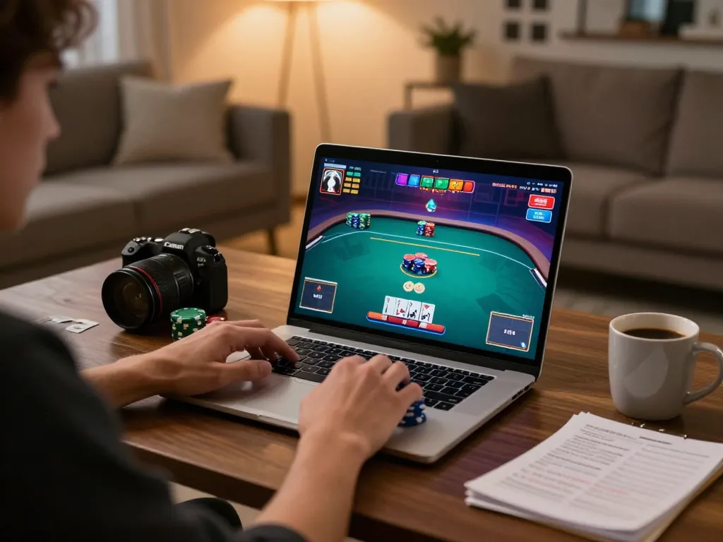 Engaged player using 77WIN online casino app on laptop, showcasing strategy and poker gameplay.