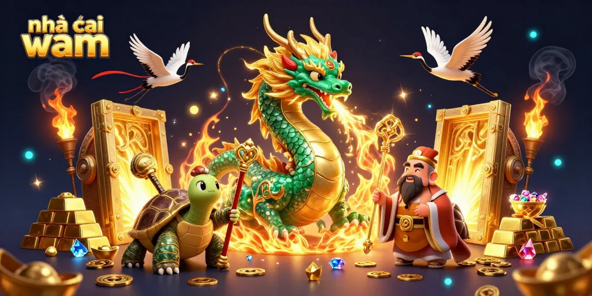 Experience the magic of nhà cái vmax with a jade dragon, turtle sage, and cranes in a vibrant casino scene.