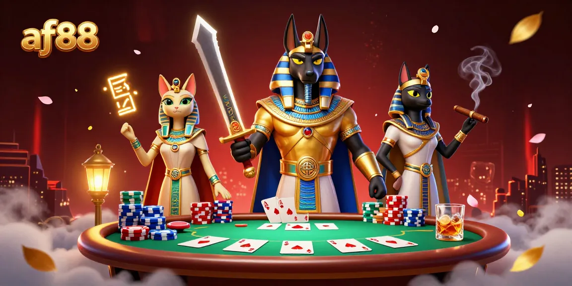 Place bets at af88 casino featuring dynamic poker scene with Anubis and Bastet characters.