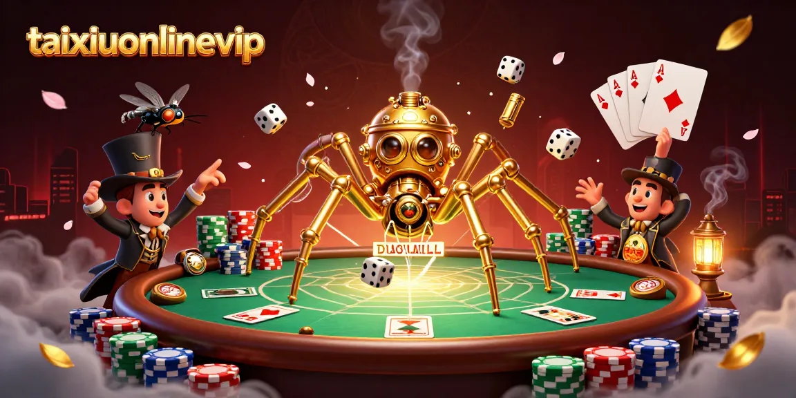 Engage with taixiuonlinevip in a vibrant casino scene featuring a steampunk spider and poker elements.