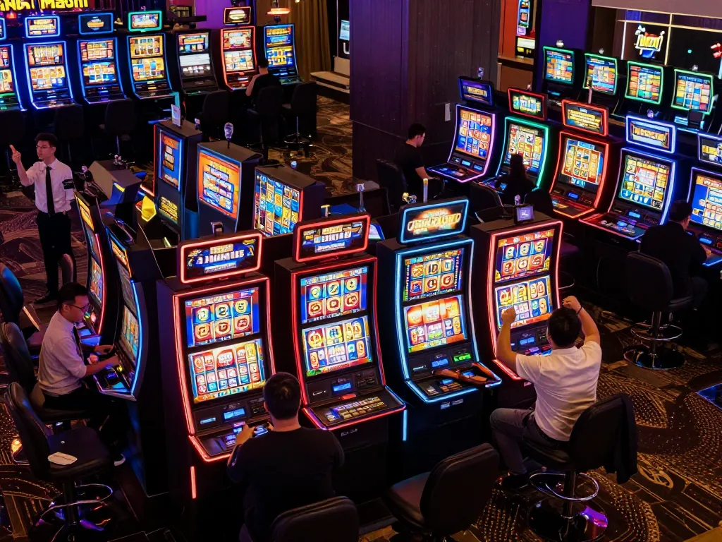 Players celebrating wins at vibrant slot gacor maxwin machines, capturing excitement in a bustling casino.