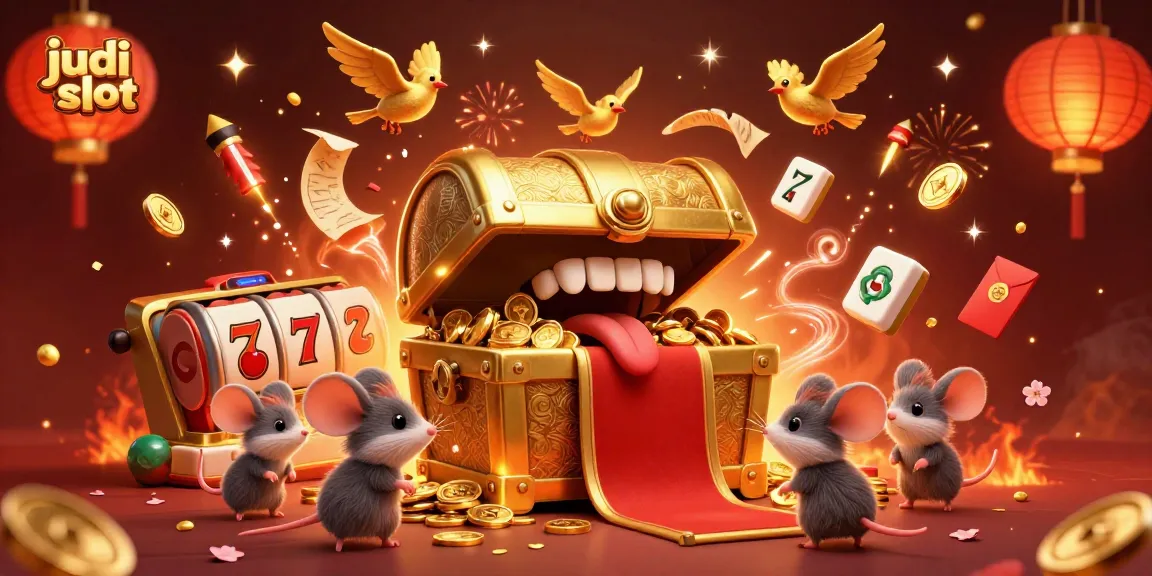 Experience thrilling judi slot action with a vibrant treasure chest and festive casino elements.