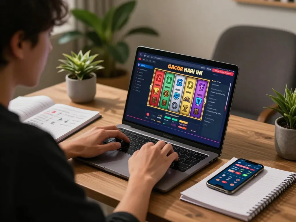Engaging slot gacor hari ini gameplay on laptop while analyzing strategies in a cozy home setting