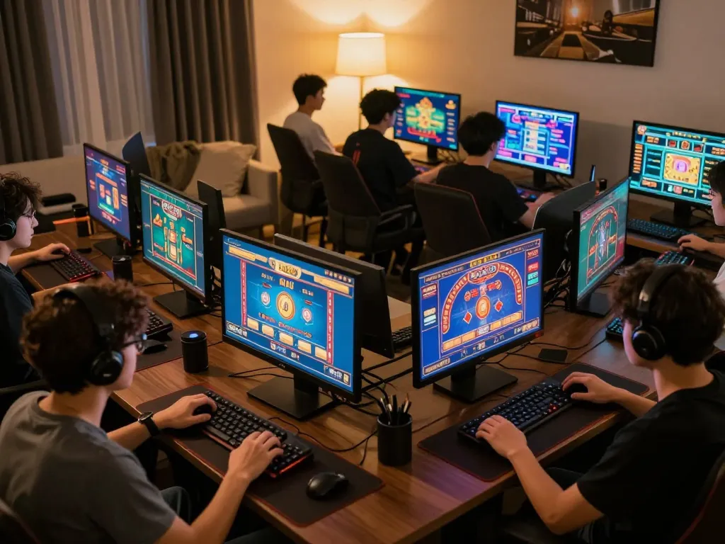 Players engaging with rokok88 online casino games on their devices in a friendly gaming environment.