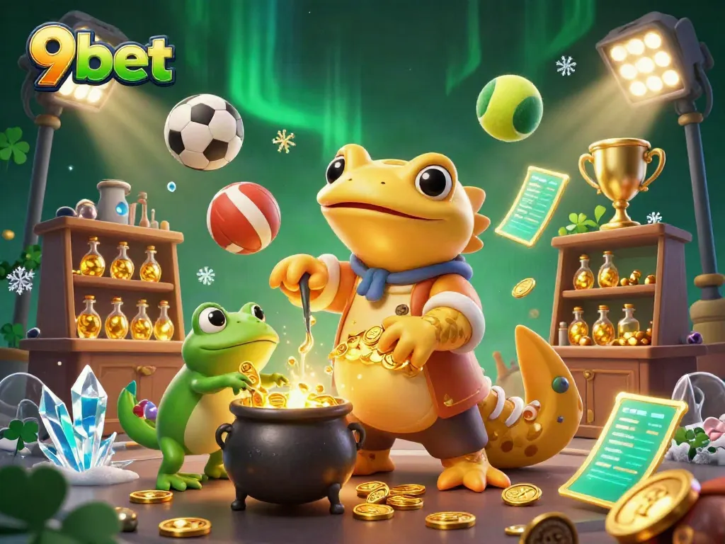 Experience the thrill of 9bet through a magical 3D scene featuring golden alchemy and sports.