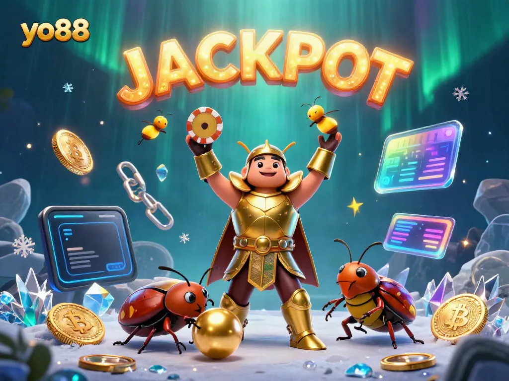 Win big at yo88 with a dynamic scene featuring a heroic beetle lifting a poker chip proudly