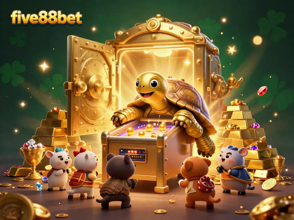 Experience the thrill with five88bet as the colossal golden tortoise and excited animals play the game of luck