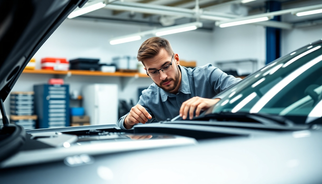 Vehicle service contract provider technician meticulously inspecting a luxury car in a modern workshop.
