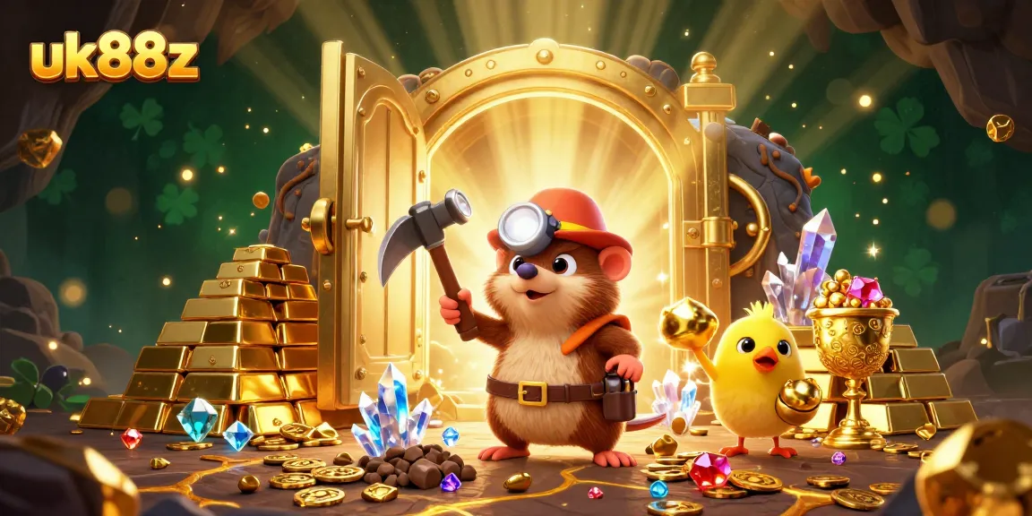 Experience the excitement of uk88z with a treasure hunter mole surrounded by glowing gems and gold.