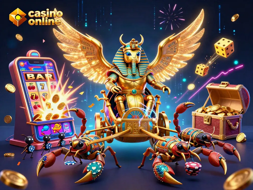 Gana en el casino online con una ilustración vibrante y dinámica de tragamonedas y personajes únicos.