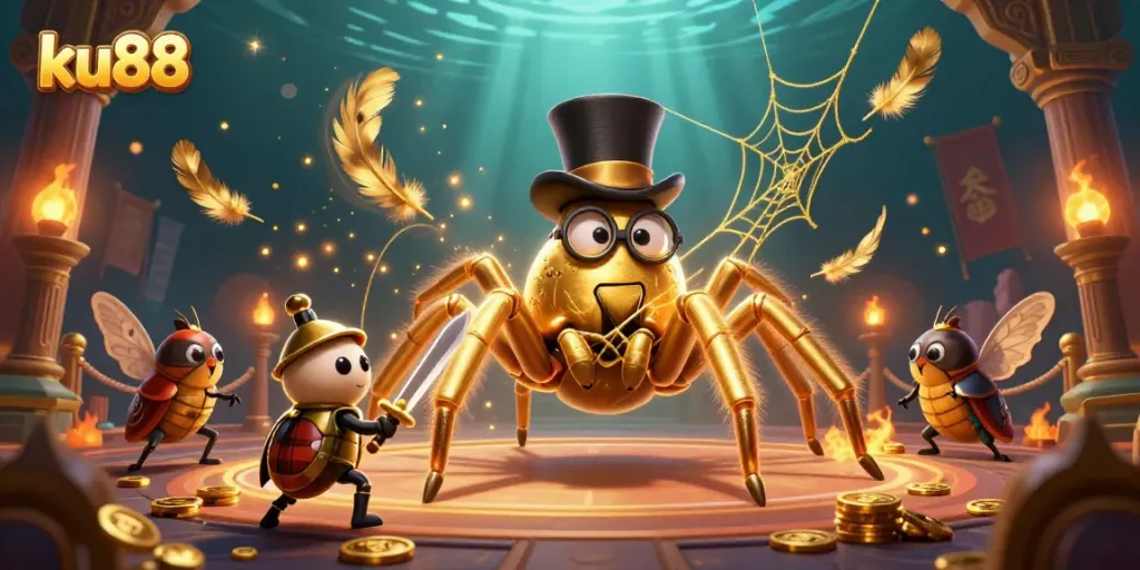 Engage with ku88's vibrant casino scene featuring a golden tarantula and knight, showcasing thrilling gaming elements.