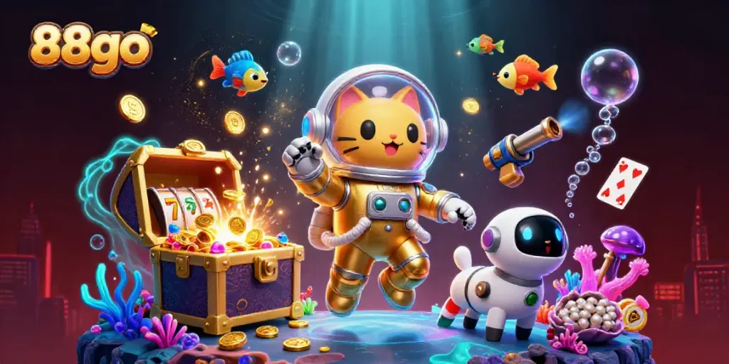 Engage in 88go with a vibrant 3D cosmic illustration showcasing casino elements and a space adventure.