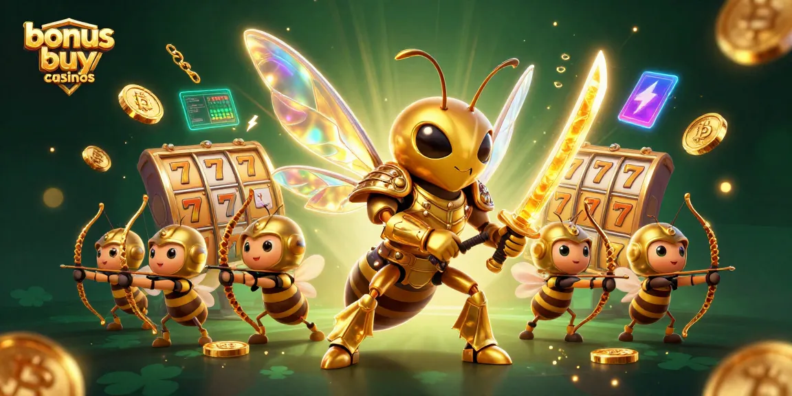 Engage with bonus buy casinos through this vibrant illustration showing dynamic characters and slot game elements.