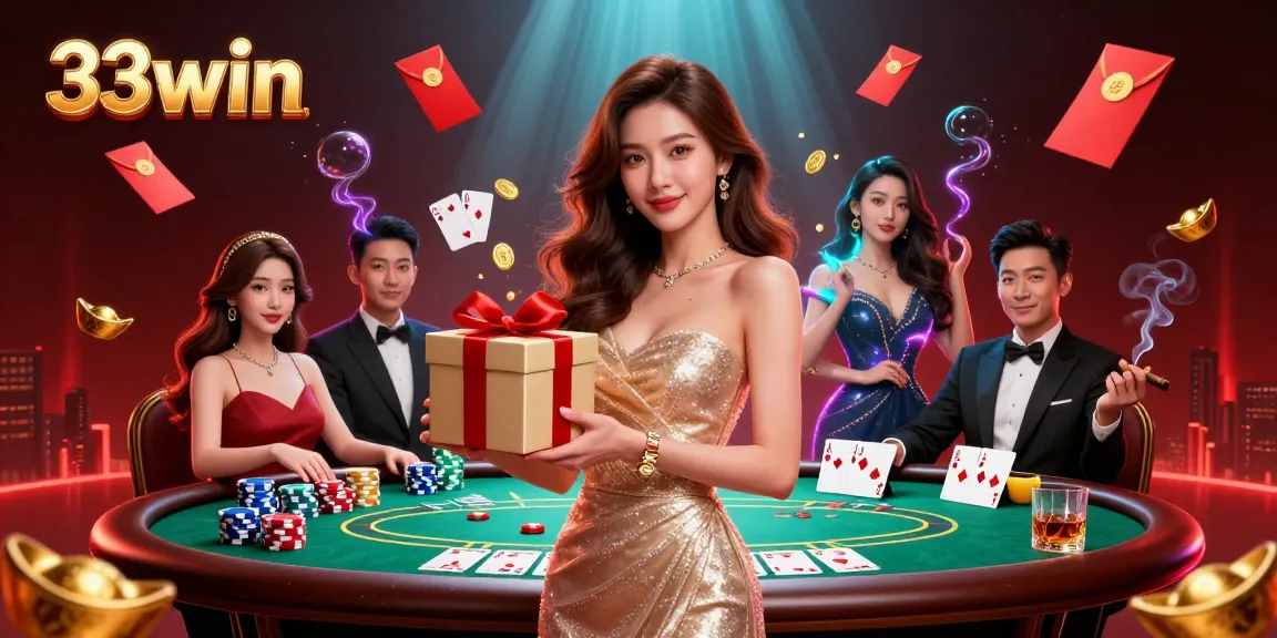 Engage with 33win as a stunning Asian hostess welcomes you with coins and festive decor.
