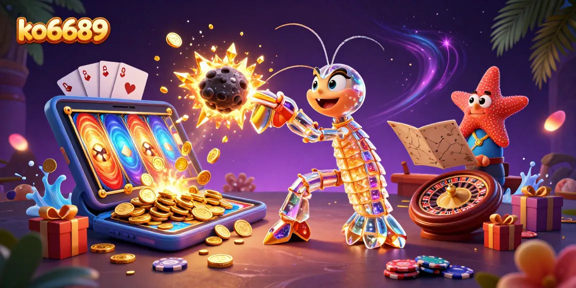 Experience thrilling gameplay with ko6689's vibrant 3D casino scene featuring gems and coins exploding.