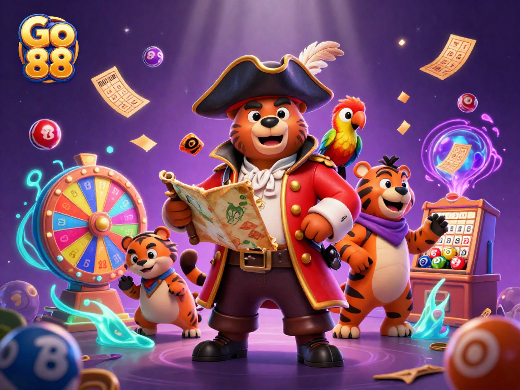 Engage with the exciting Go 88 platform through a vibrant casino adventure featuring a pirate bear and his tiger friend.