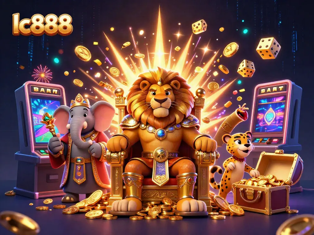 Experience the excitement of lc888 with a lion king on a gold coin throne, surrounded by dynamic casino elements.