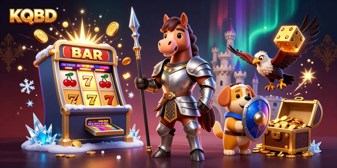 KQBD showcases an engaging scene of a knight and puppy at a casino, amidst slots and gold.