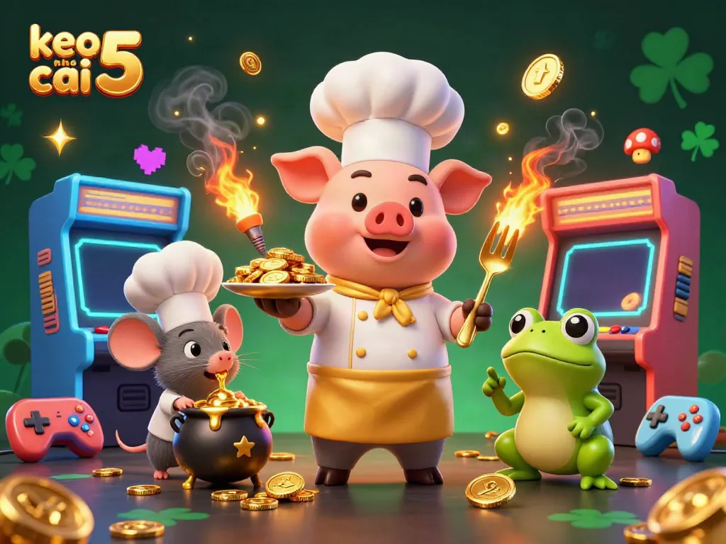 Engage in thrilling betting action with keo nha cai 5 featuring gold coins, arcade machines, and dynamic characters.