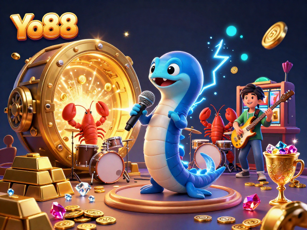 Yo88 features an electric eel DJing with casino treasures like gems and gold in a vibrant underwater scene.