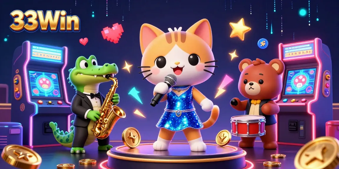 Experience the vibrant gaming world of 33Win with our jazzy casino characters and arcade adventure!