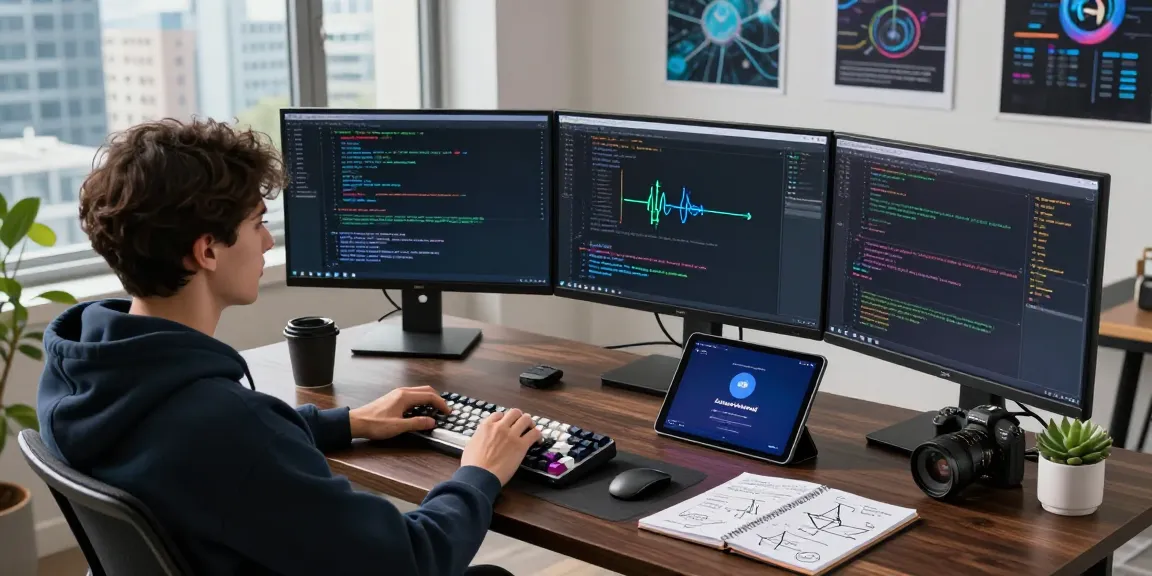 Engineer coding acrossprotocol features at a modern tech workspace with multiple screens and vibrant city view.