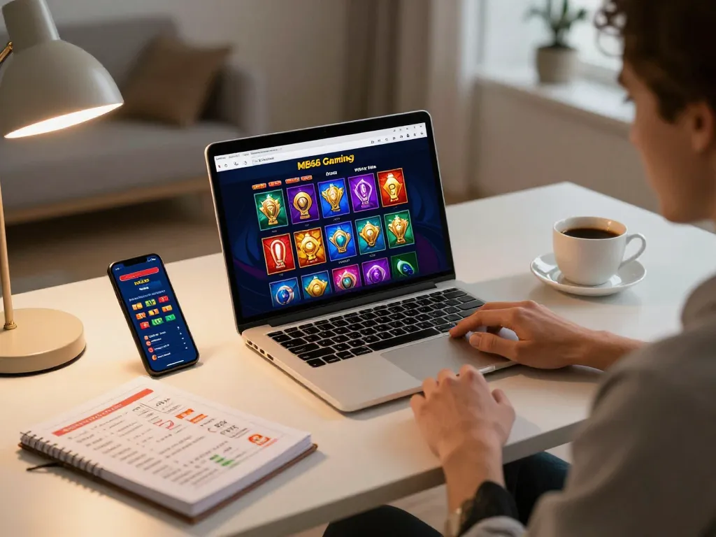 Engaged player exploring MB66 online casino on laptop for the latest slot games.