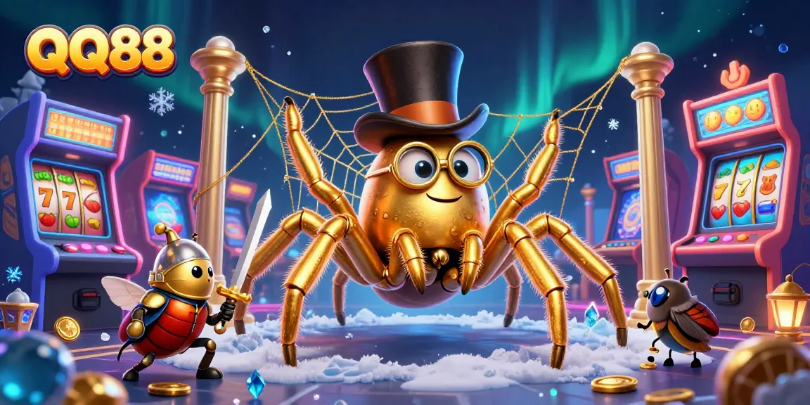 Engage in thrilling adventures at QQ88 as a golden tarantula weaves winning webs among lively slot machines.