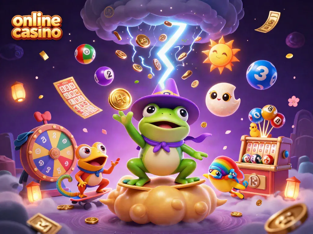 Gana en un casino online con este emocionante escenario de póker lleno de coloridas bolas y premios.