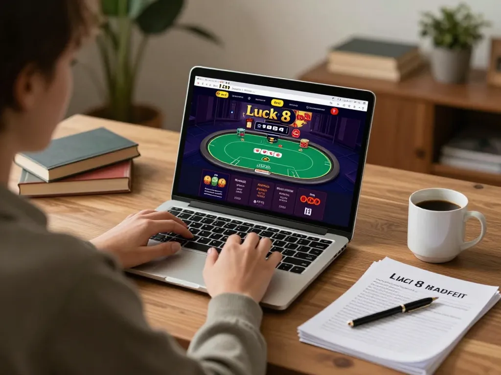 Engaging in luck 8 online casino gaming with a laptop and strategy notes.