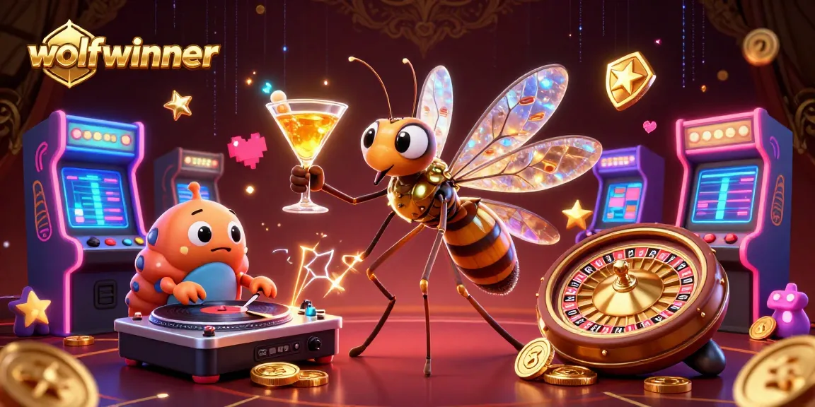 wolfwinner brings to life an amber mosquito mascot as a lively casino character spinning a golden roulette wheel.