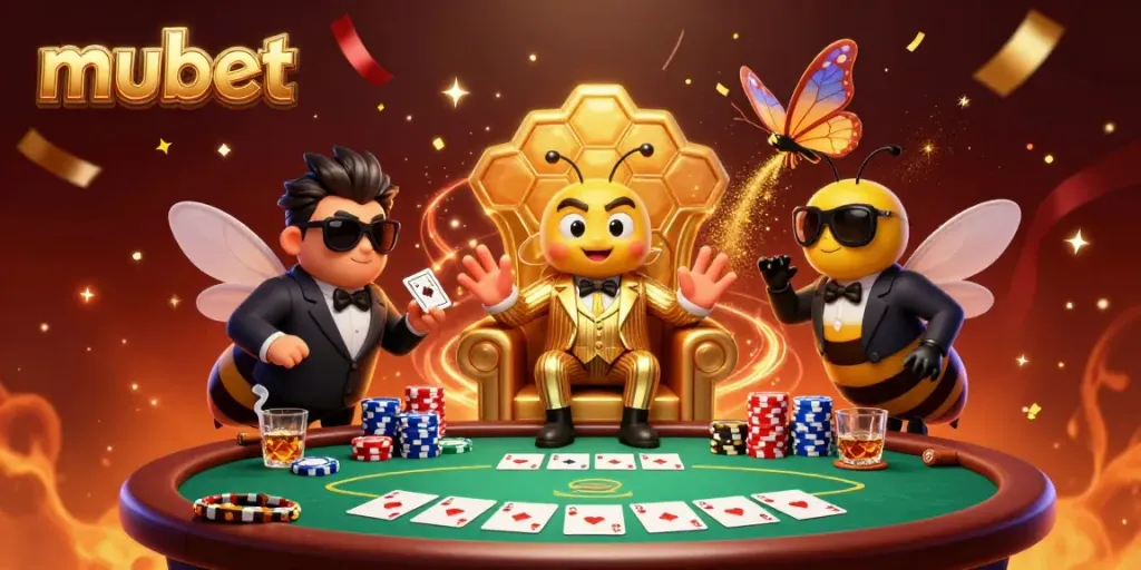 A dynamic illustration of mubet featuring a bumblebee mob boss in a casino setting with poker elements and a vibrant background.