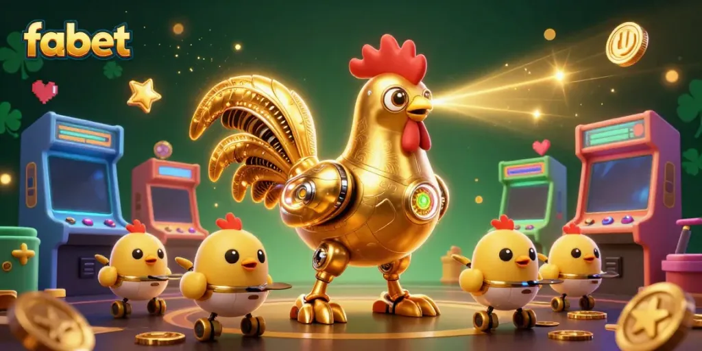 Engage with fabet's vibrant 3D illustration of a golden rooster robot and chick drones, showcasing a dynamic arcade experience.