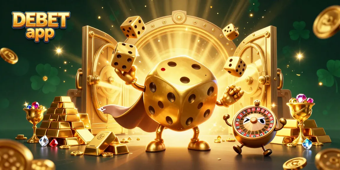 Experience the excitement of the DEBET app with a vibrant 3D casino scene featuring golden dice and treasures.