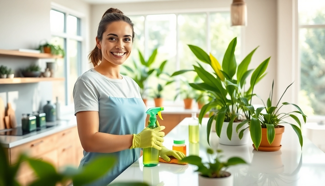 Showcasing cleaning services calgary with a professional cleaner in a sparkling kitchen environment.