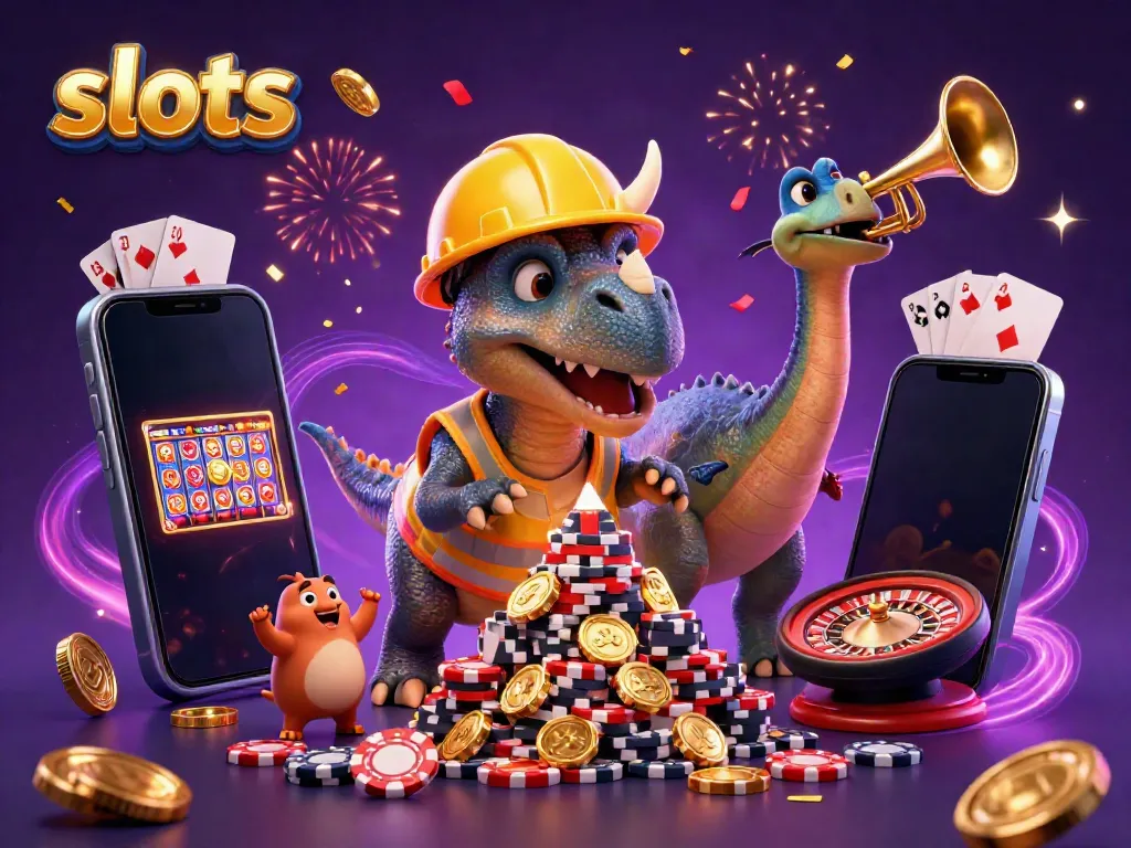 Spin exciting slots alongside a cartoon dinosaur duo building poker chip pyramids in a celebratory casino scene.