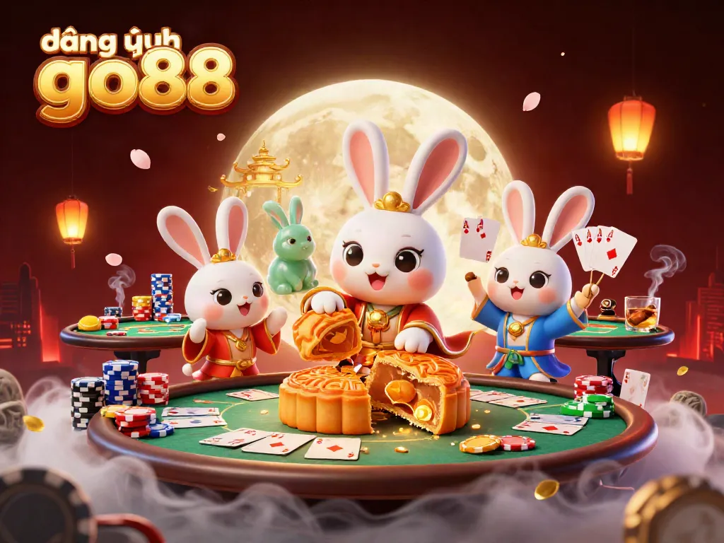 Trải nghiệm đăng nhập go88 với hình ảnh thỏ trăng ở mặt trăng và các chip poker trong bối cảnh sòng bạc.