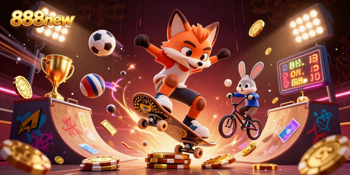 Experience dynamic gaming action with 888new, featuring cartoon characters and vibrant casino elements.
